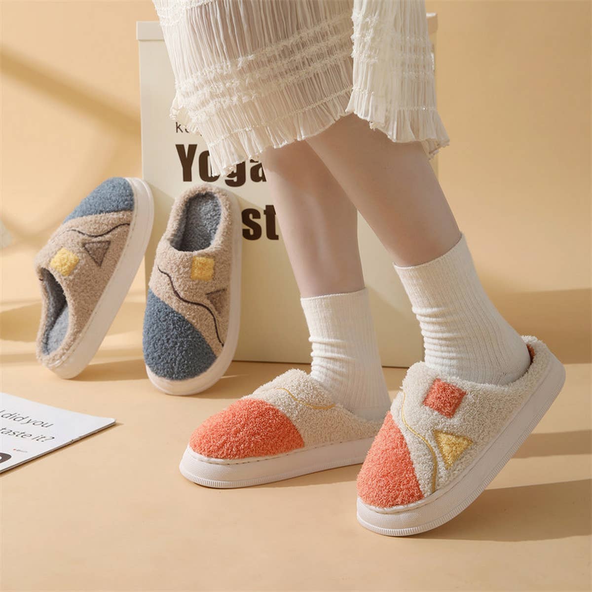 LEISURE NON-SLIP SPLICING COTTON SLIPPERS