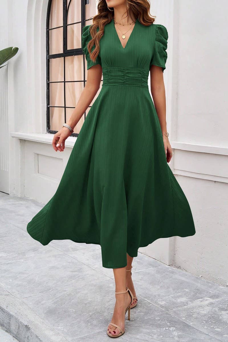 CWDMD5340_V-NECK ELEGANT SOLID COLOR HIGH WAIST DRESS