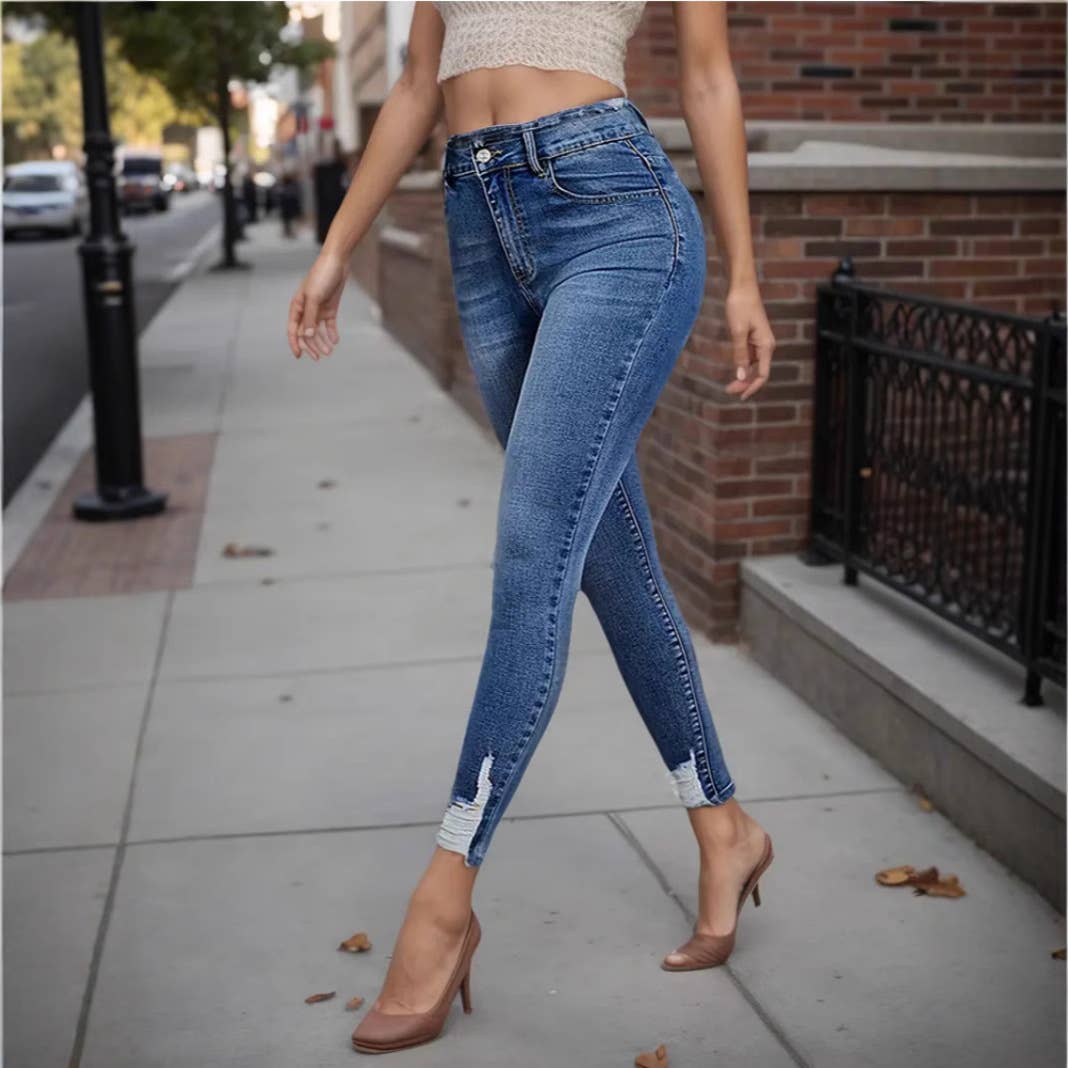 High-waisted elastic fringed denim trousers