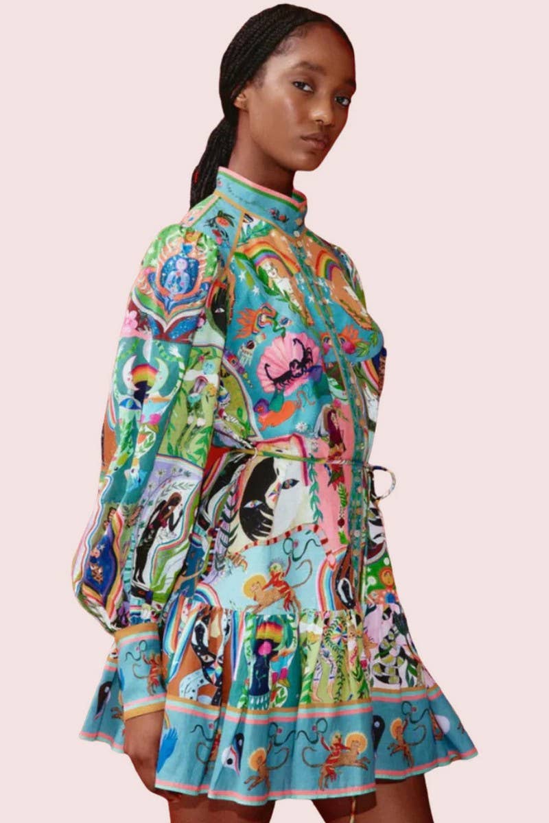 CWDSD8250_FASHIONABLE PUFF SLEEVE RUFFLE HEM DRESS