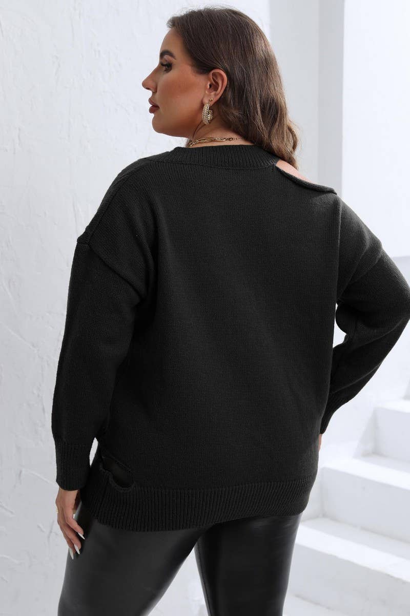 CWOSWL1571_PLUS Size V-Neck Long Sleeve Pullover Sweater