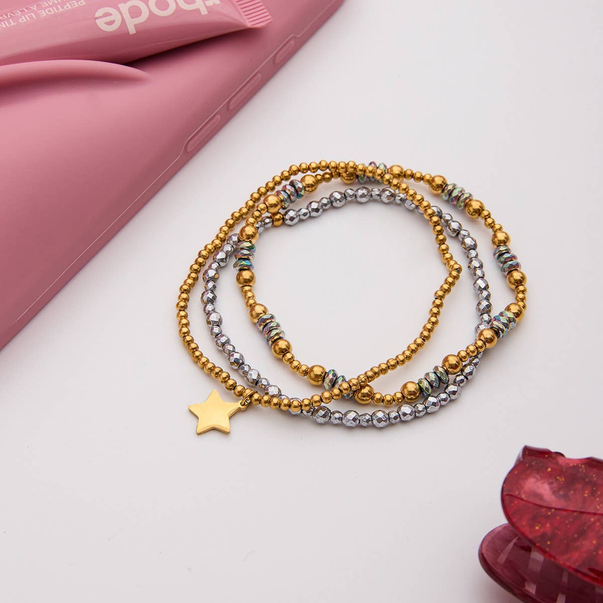 Punk Rock 18K Gold Black Silver Beaded Bracelet_CWAJE4810