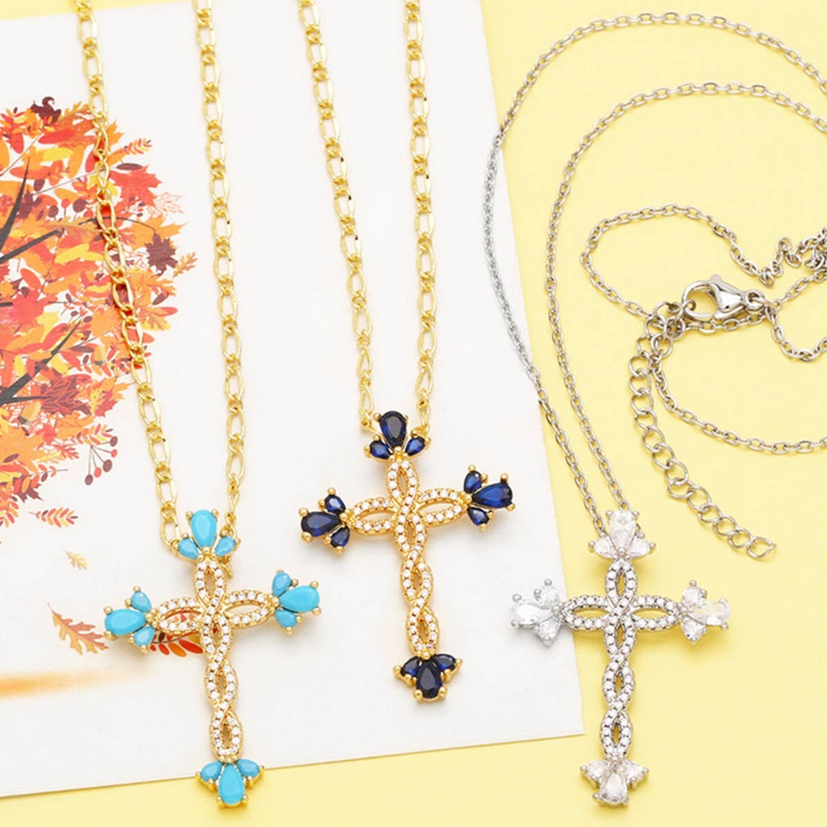 COLORED ZIRCON CROSS PENDANT NECKLACE
