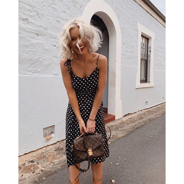 Polka dot printed slit halter dress