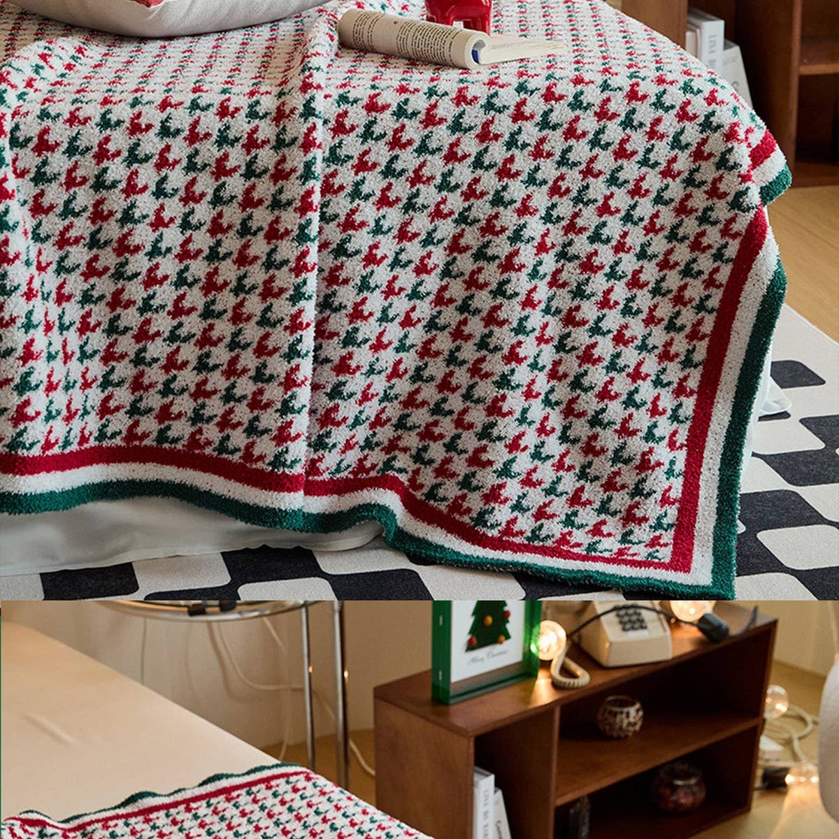 NEW RETRO CHRISTMAS HOUNDSTOOTH KNITTED BLANKET