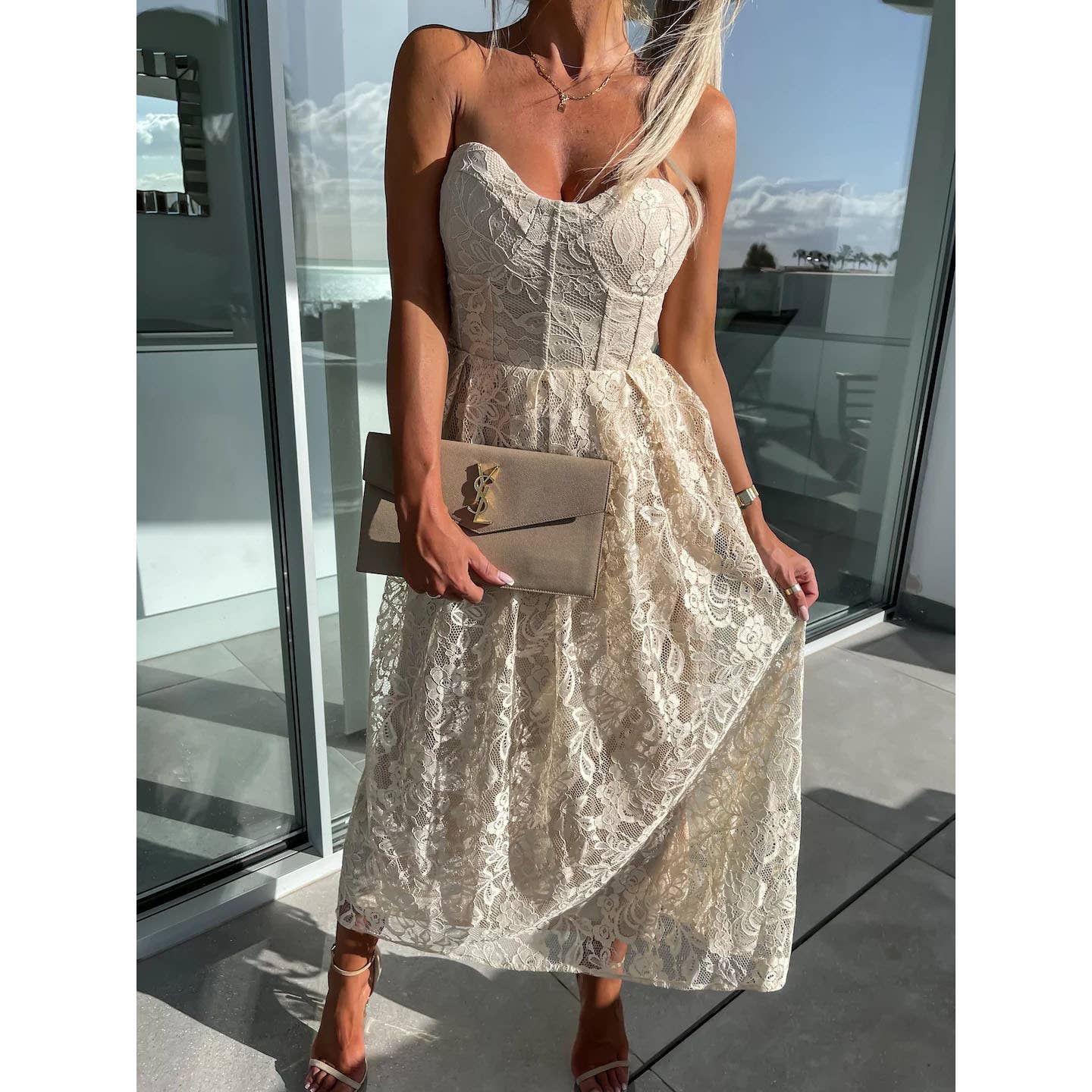 SEXY BREAST WRAP LACE LONG SOLID COLOR DRESS