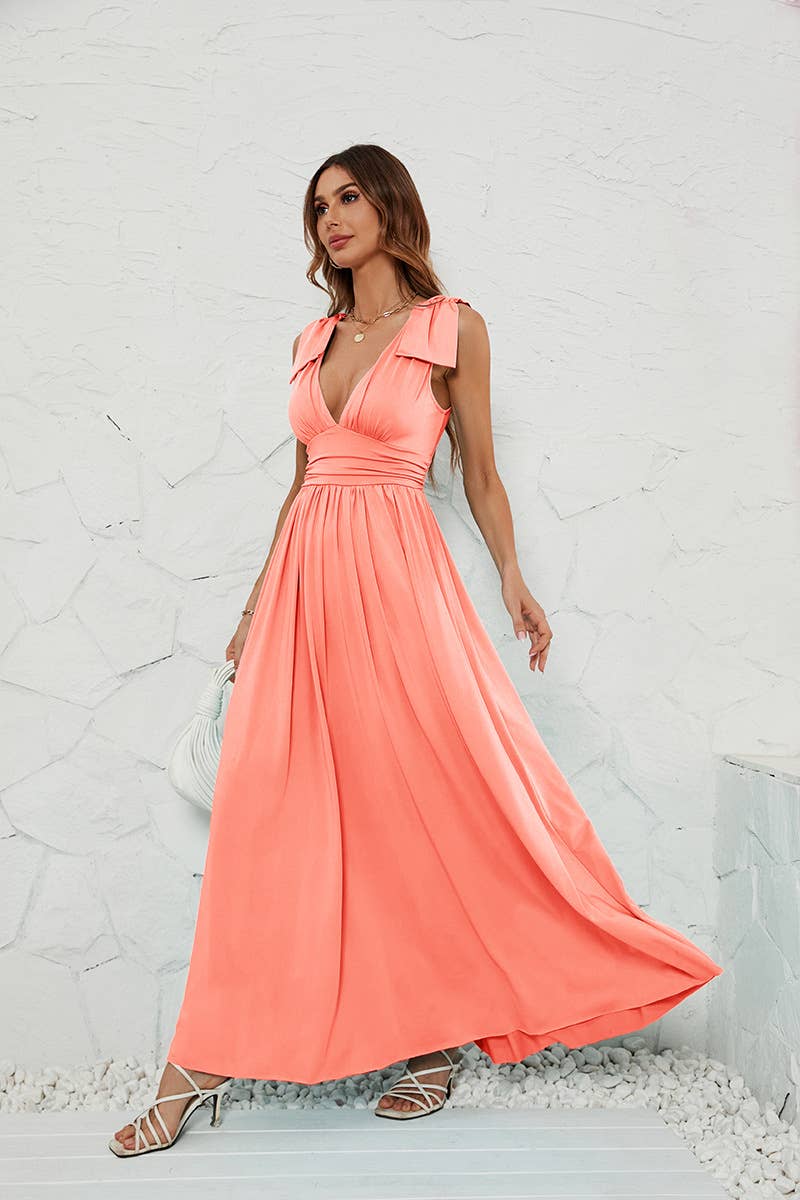 Solid color V-neck dress with waist drop