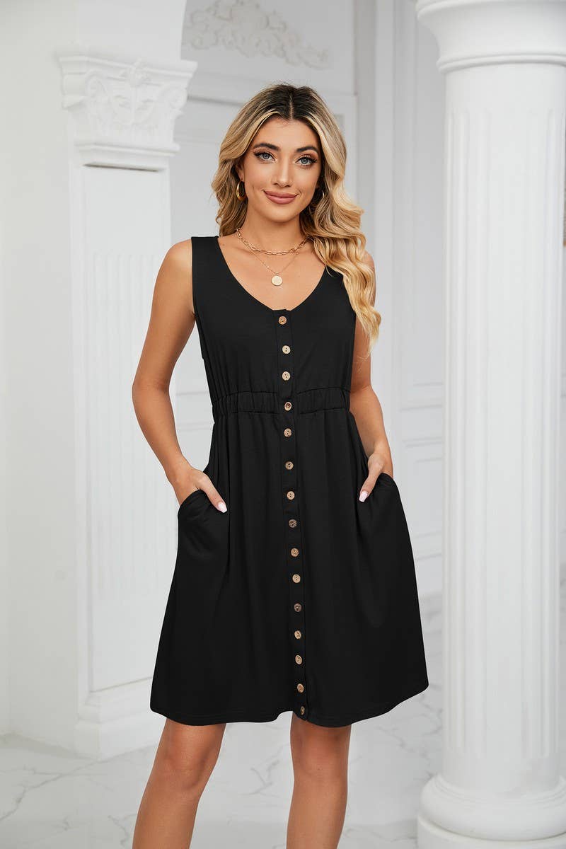 CWDSD3114_ROUND NECK SLEEVELESS BUTTON POCKET WAIST DRESS