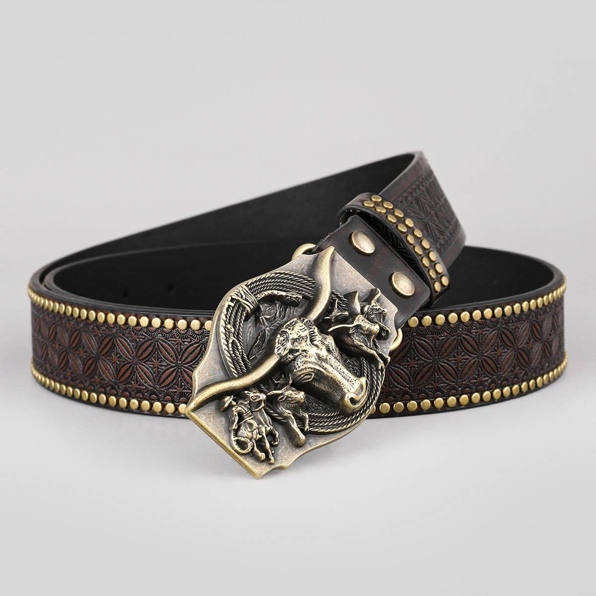 WESTERN LEATHER BELT WITH BULL HEAD BUCKLE RIVET _CWABE0415
