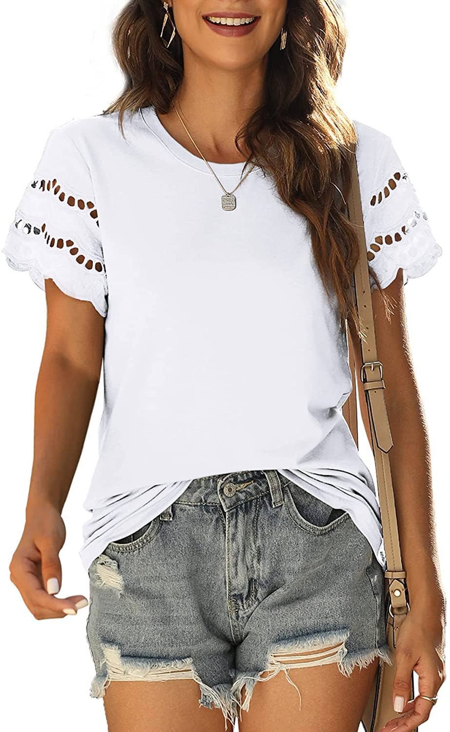 LACE PATCHWORK SHORT SLEEVE T-SHIRT CREW-NECK TOP