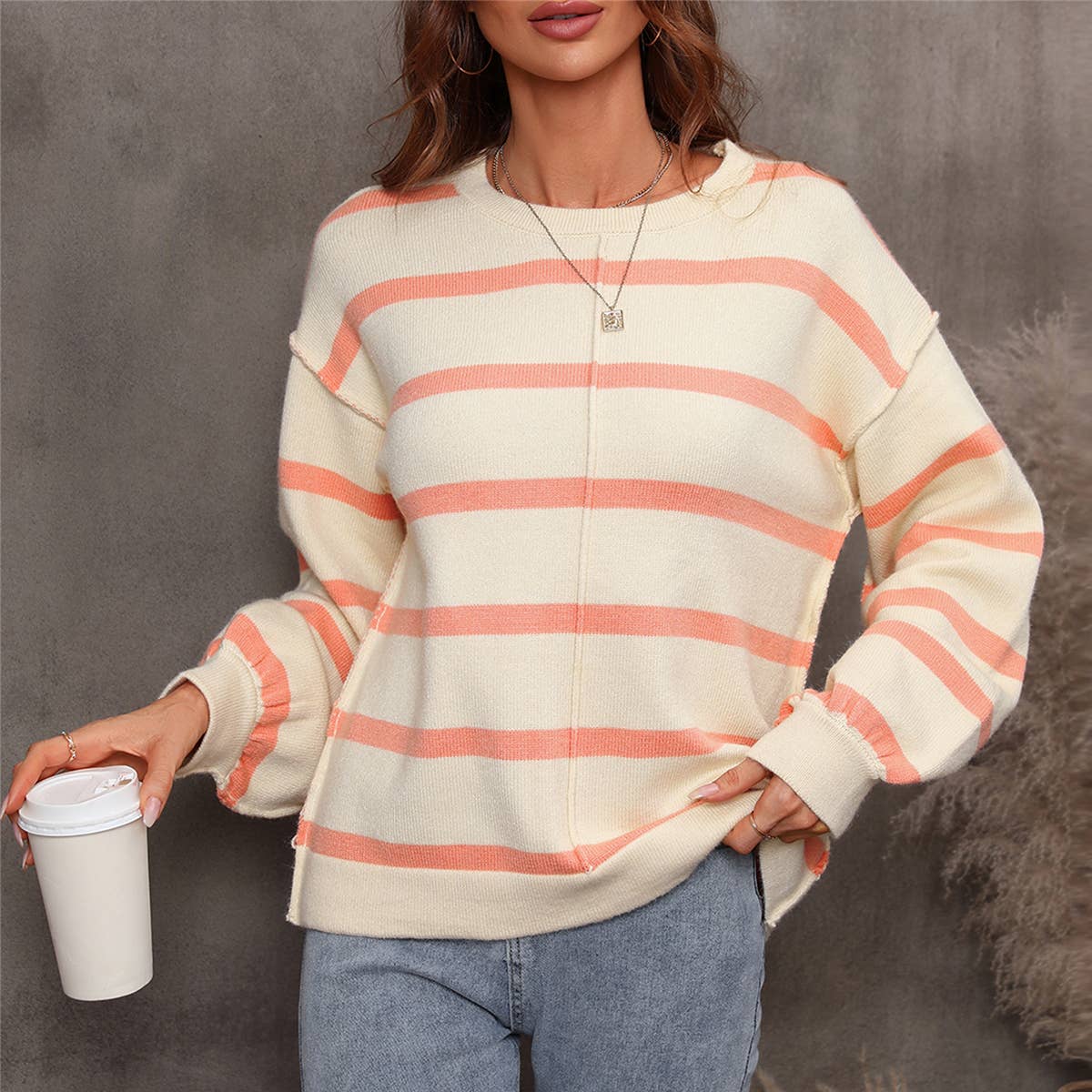 STRIPED PATCHWORK LOOSE CREW NECK PULLOVER