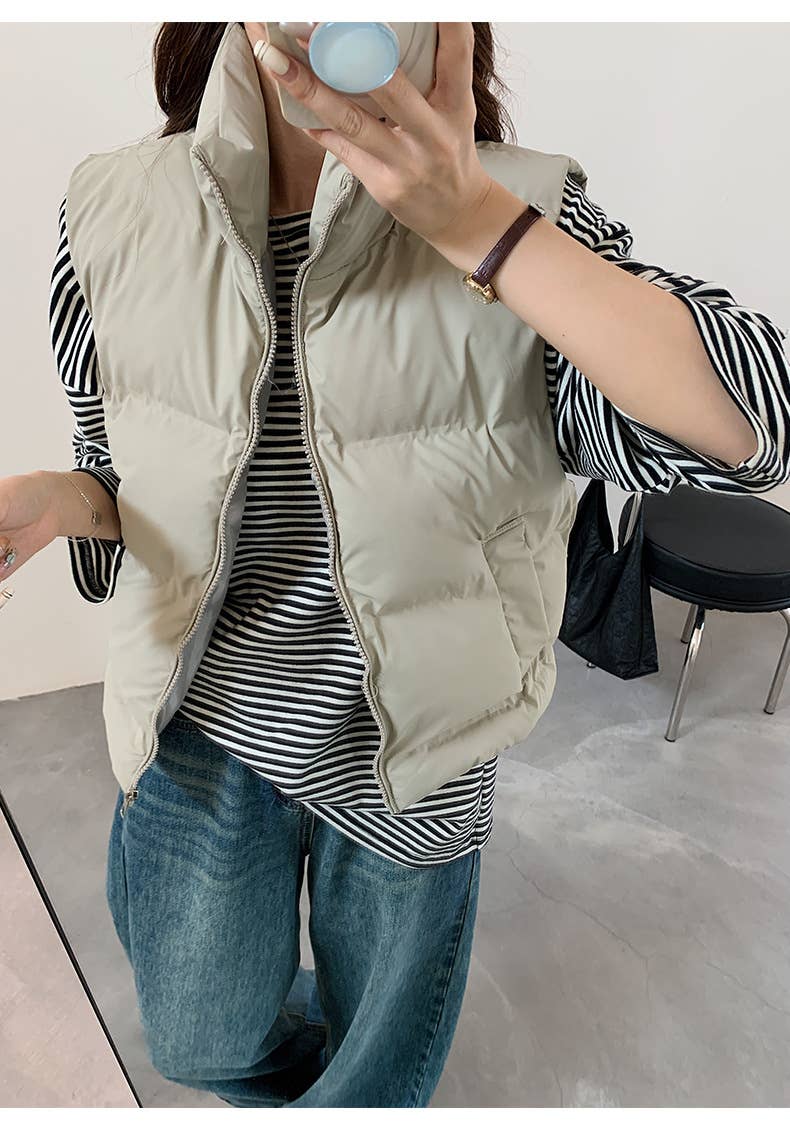 Solid-color stand-up collar thickened waistcoat