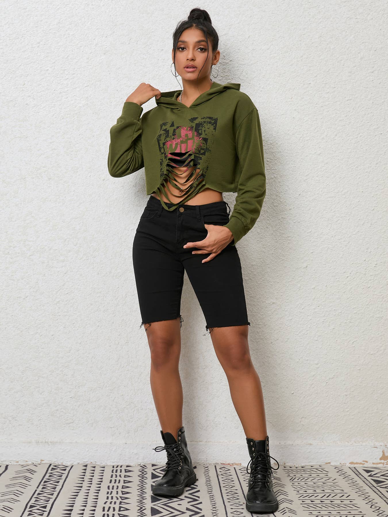 SOLID COLOR CROP HOODIE STREETWEAR WITH SLEEVES
