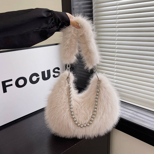Faux Fox Fur Fluffy Bag Women Pearl Chain Shoulder_CUAB00566