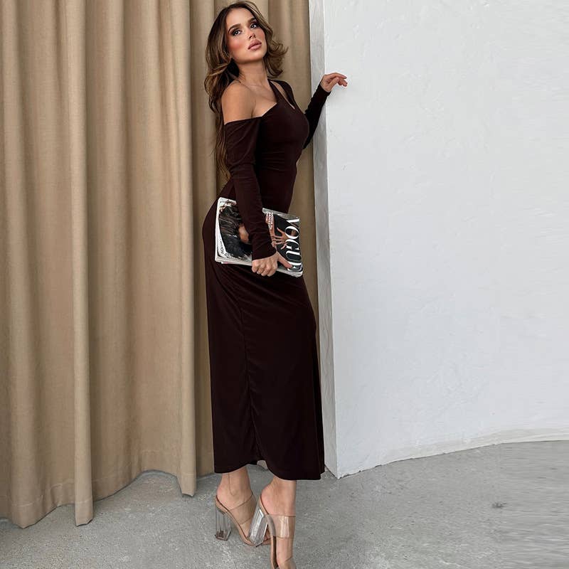 SOLID COLOR SLIM DRESS WITH SLIT AND SKEW COLLAR