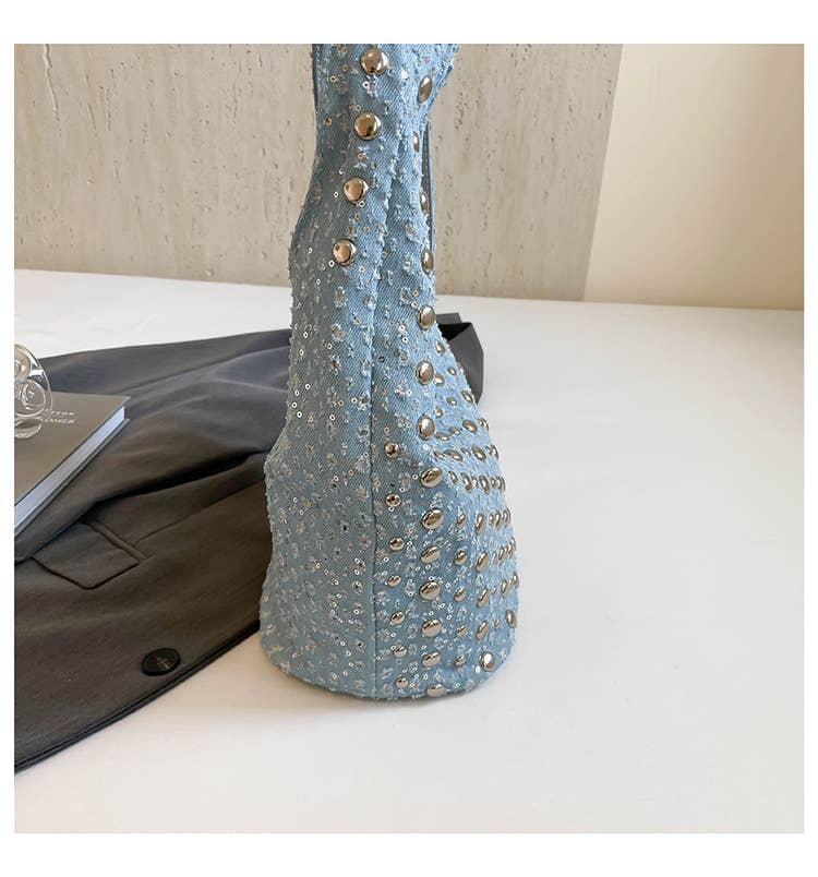 Fashionable riveted denim single-shoulder bag
