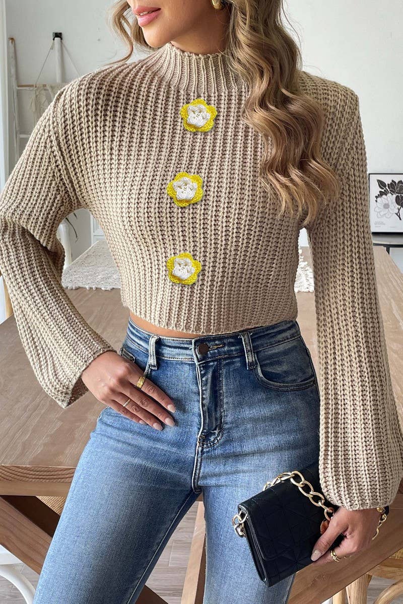 CWOSWL07408_WOMEN CROPPED KNIT SWEATER PEARL  FLARE SLEEVE