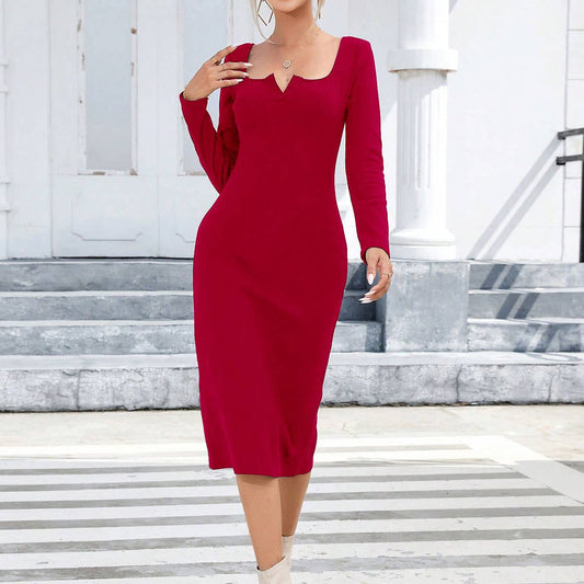 SQUARE COLLAR SLIT TEMPERAMENT WRAP BUTTOCK DRESS