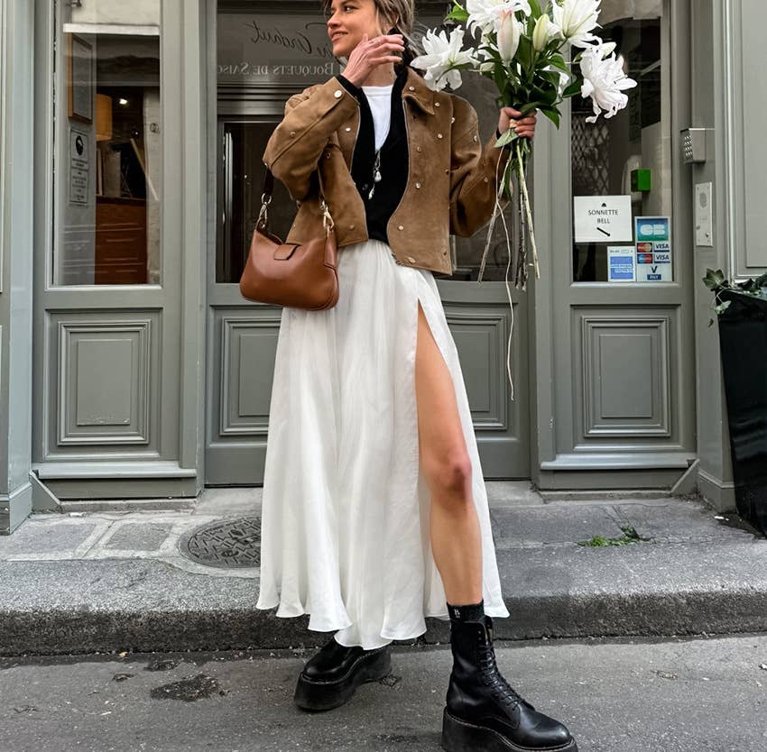 French style high waist slit midi skirt