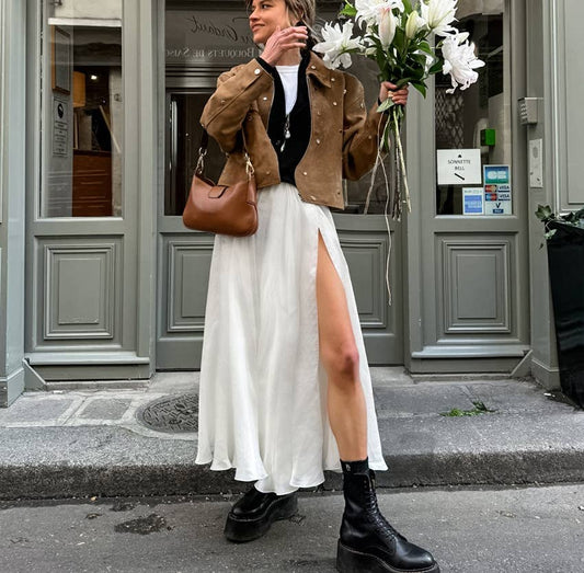 French style high waist slit midi skirt