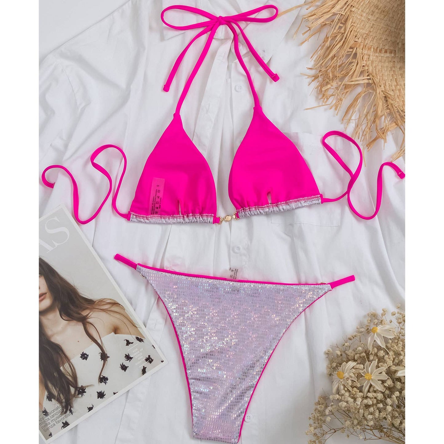Women¡®s Shiny Bikini Set - Pearl Triangle Swimsuit