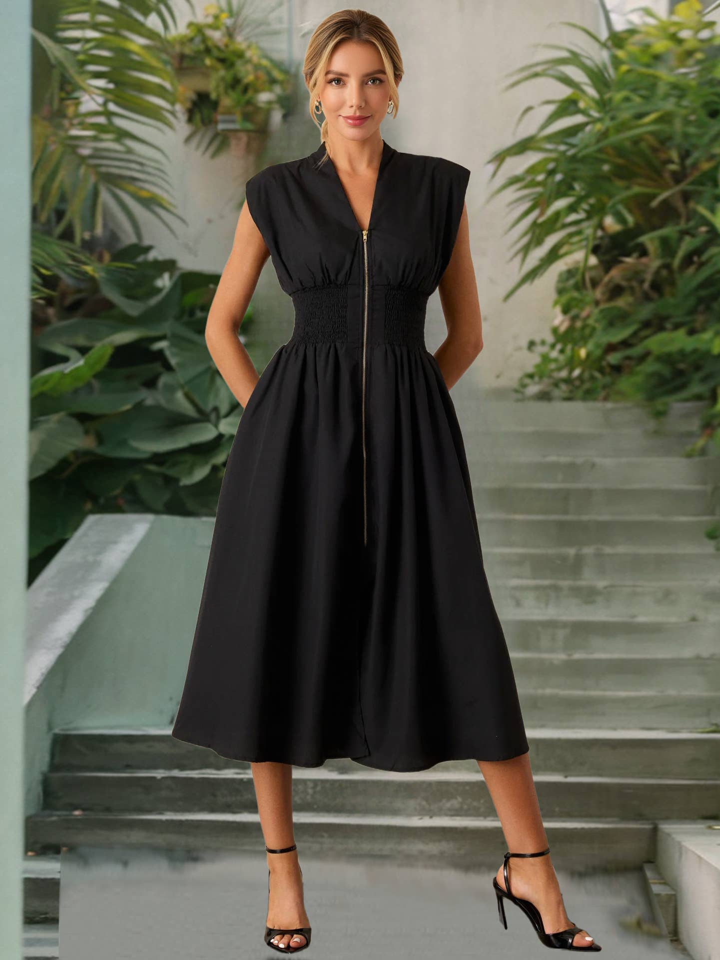 Sexy Waist Cinching V-Neck Pleated Zipper Dress