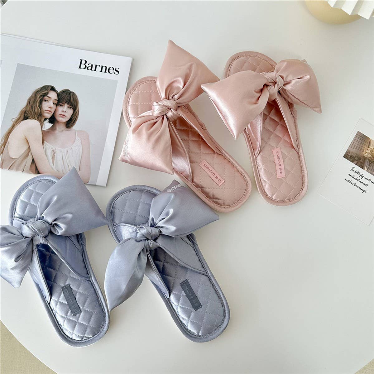 LETTER EMBROIDERED HOLLOW BOW HOME SLIPPERS
