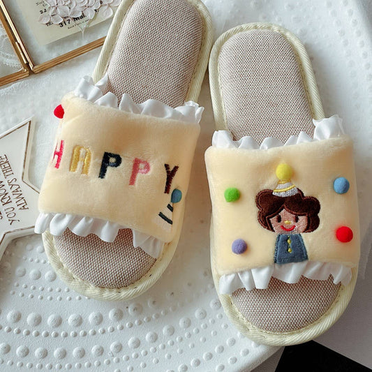 EMBROIDERED LITTLE GIRL LINEN SLIPPERS FOR WOMEN