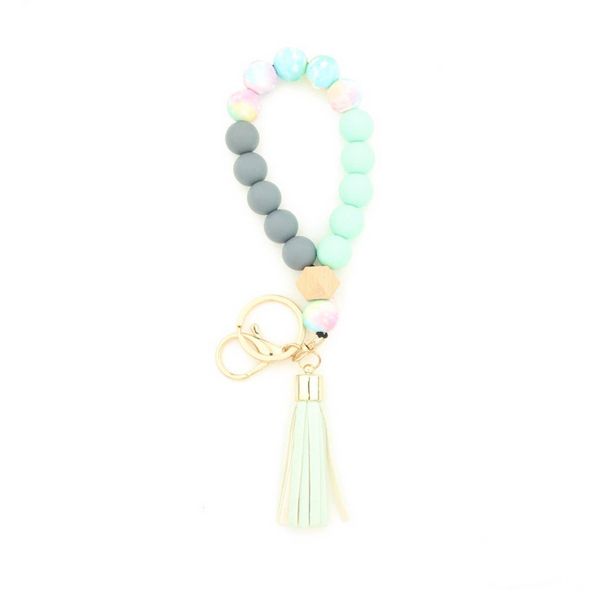 Silicone & Wood Bead Bracelet with Leather Keychain