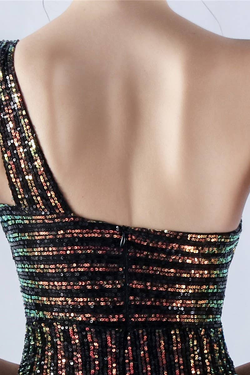 CWDMD4826_ONE-SHOULDER OFF-SHOULDER HIGH-SLIT SEQUINED DRESS