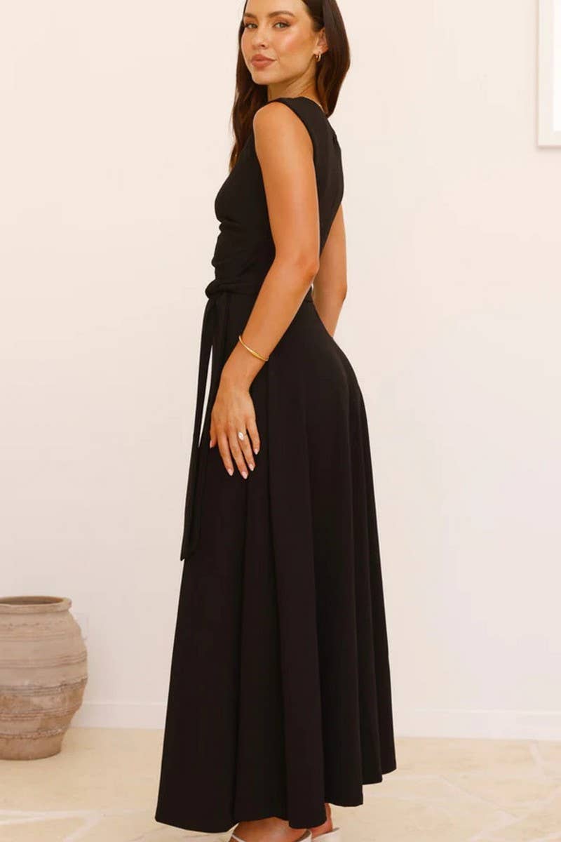 CWDMD5217_SOLID COLOR STYLISH TIE-BACK SEXY DRESS