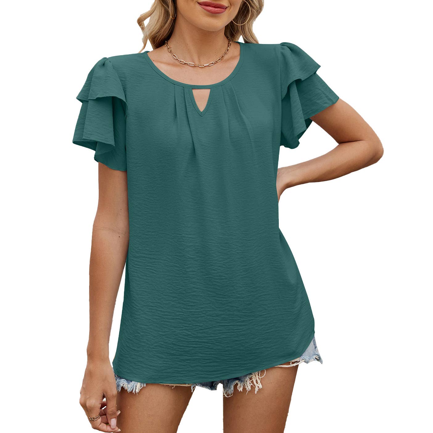 V-neck cutout double-sleeved chiffon T-shirt