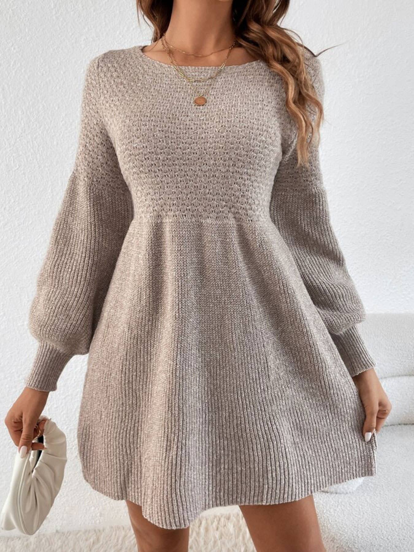 Lantern sleeve high-waisted knitted dress