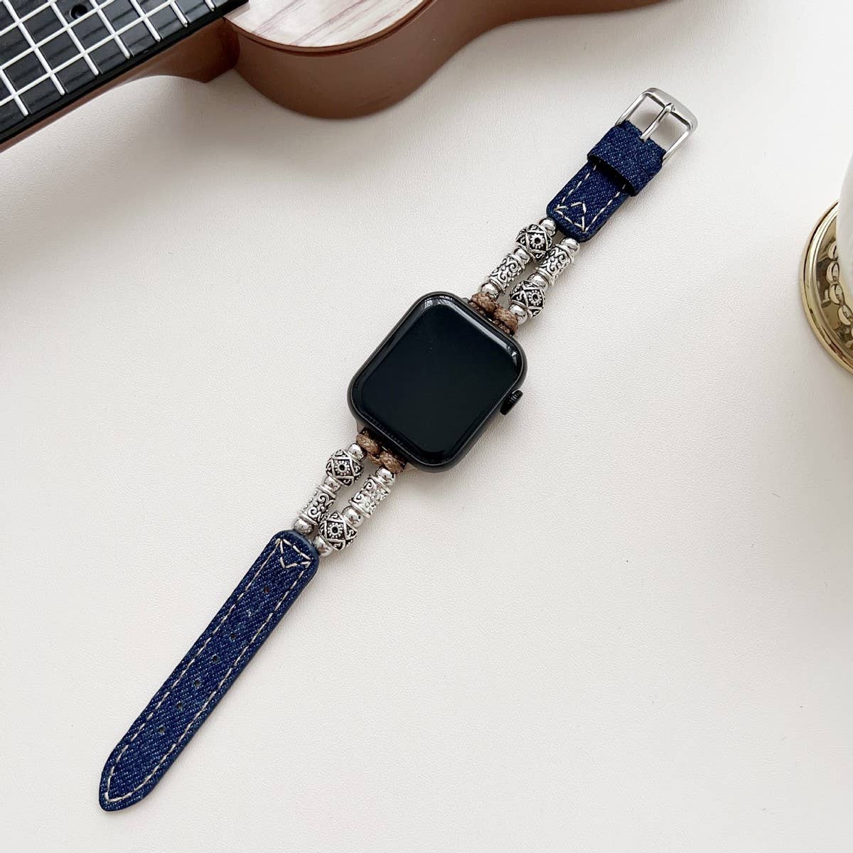 IWATCH9-1 TIBETAN SILVER DENIM LEATHER STRAP