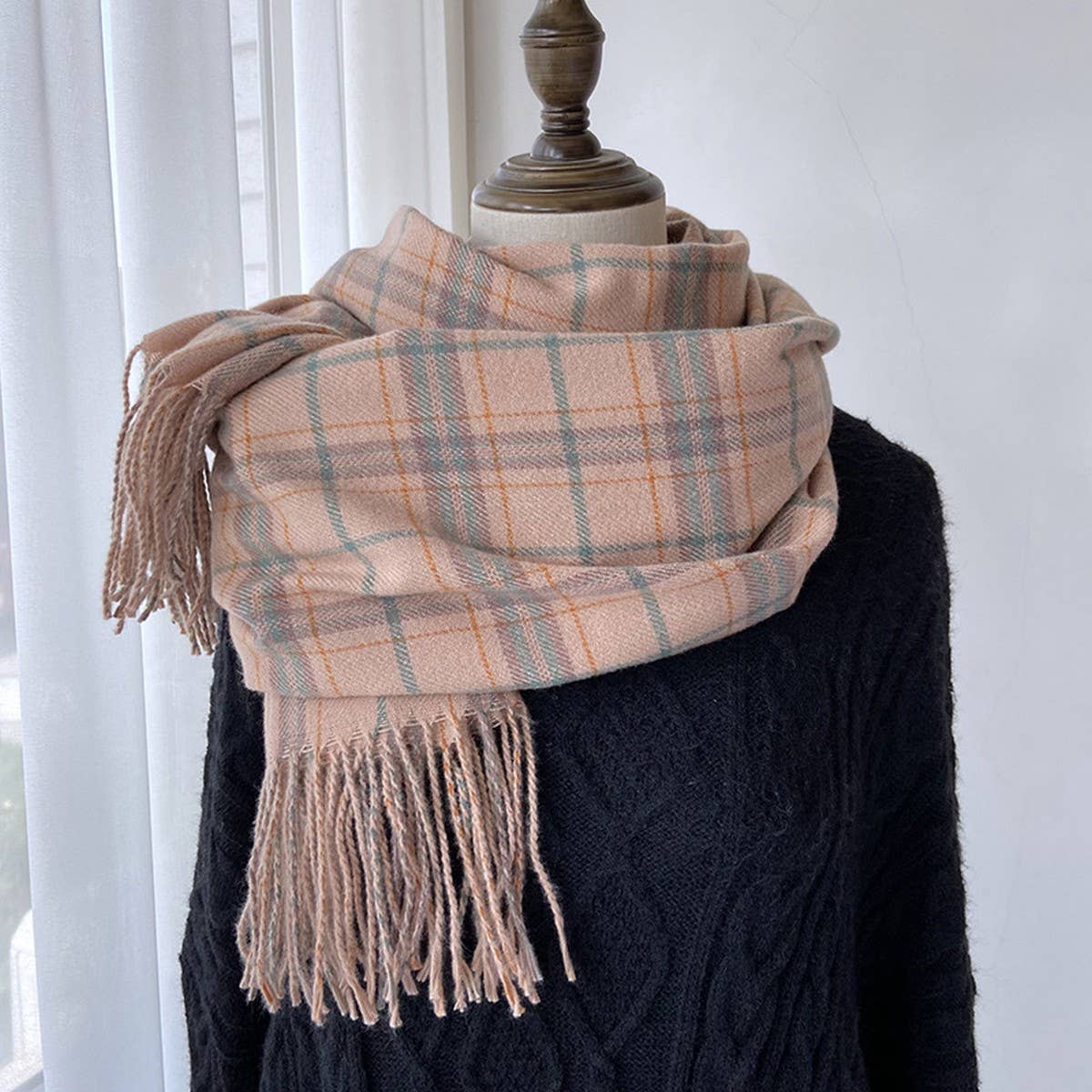 Plaid Faux Cashmere Scarf-Cozy Fringe Winter Wrap_CWASC1459