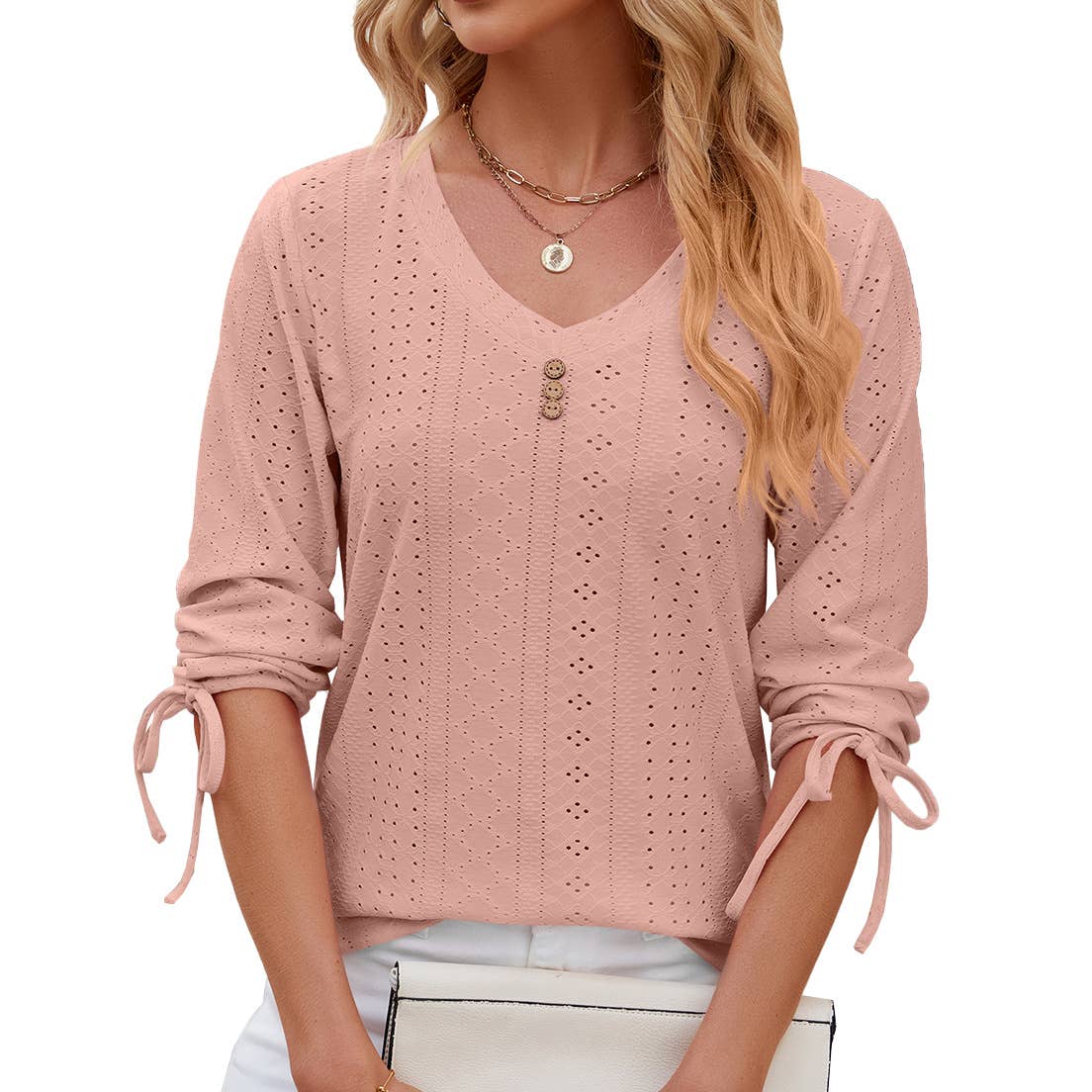 V-neck seven-point sleeved drawstring loose shirt