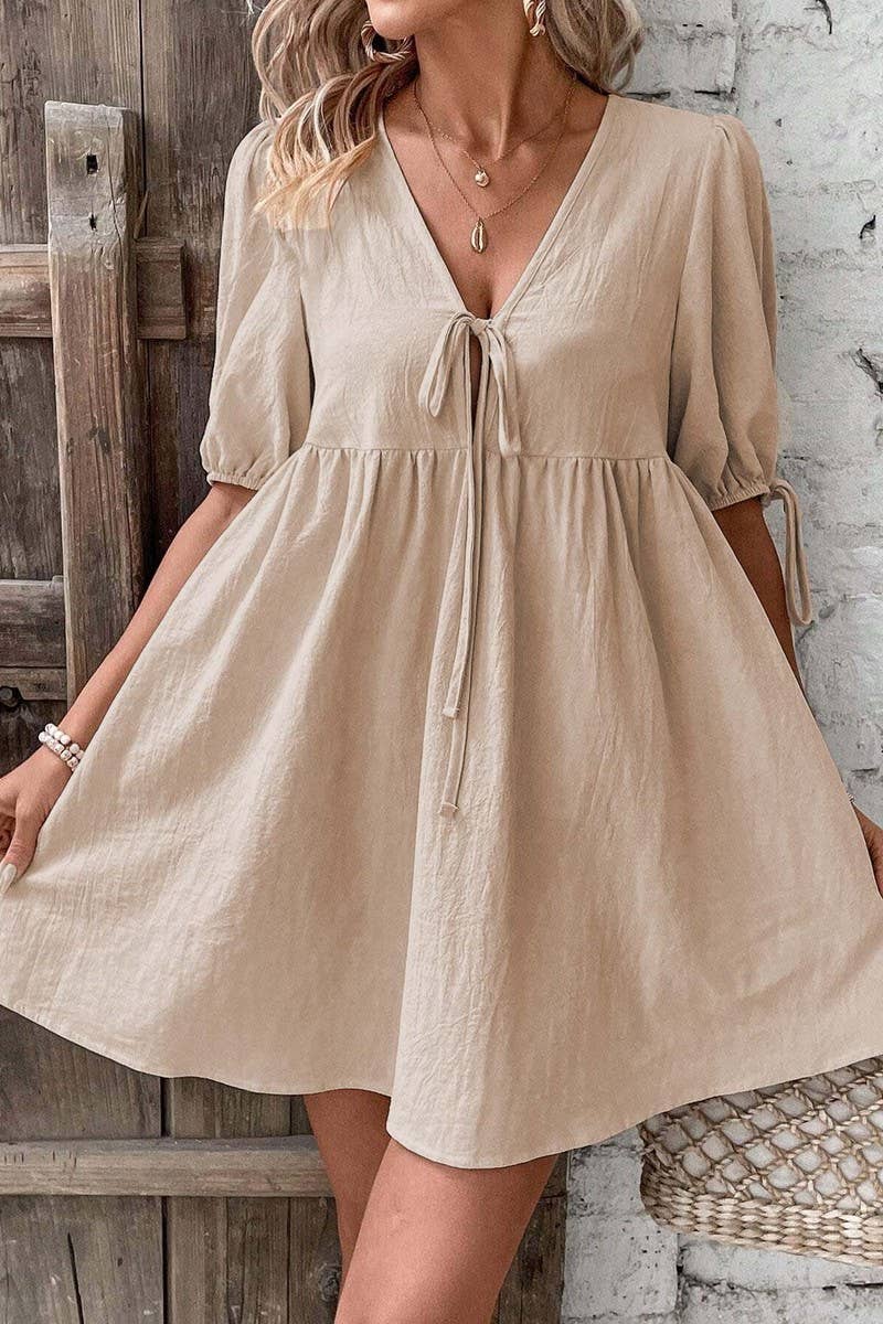 CWDSD8449_DEEP V TIE FRONT LOOSE A-LINE WOVEN DRESS