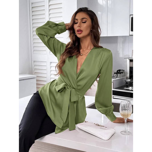 V-NECK SOLID COLOR BELTED ASYMMETRICAL HEM SHIRT