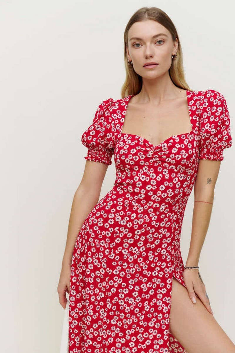 CWDMD5694_SQUARE NECK PUFF SLEEVE FLORAL SLIT MAXI DRESS