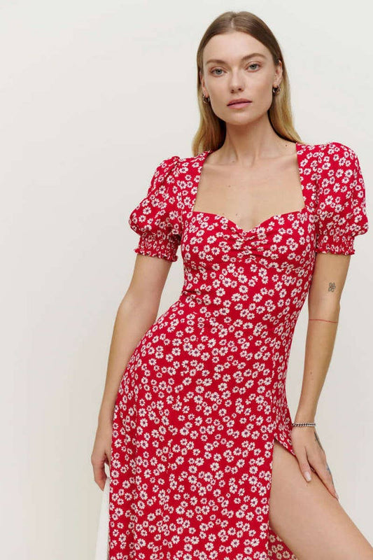 CWDMD5694_SQUARE NECK PUFF SLEEVE FLORAL SLIT MAXI DRESS