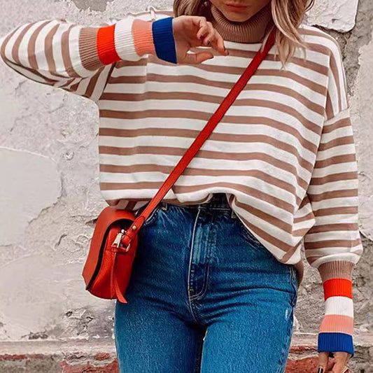 STRIPED TURTLENECK PULLOVER IN CONTRASTING COLORS