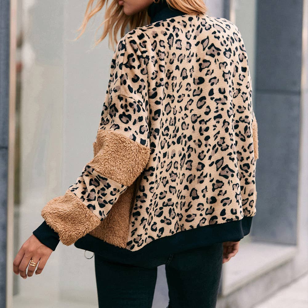 LEOPARD PRINT PATCHWORK PLUSH ZIPPER FUR COAT
