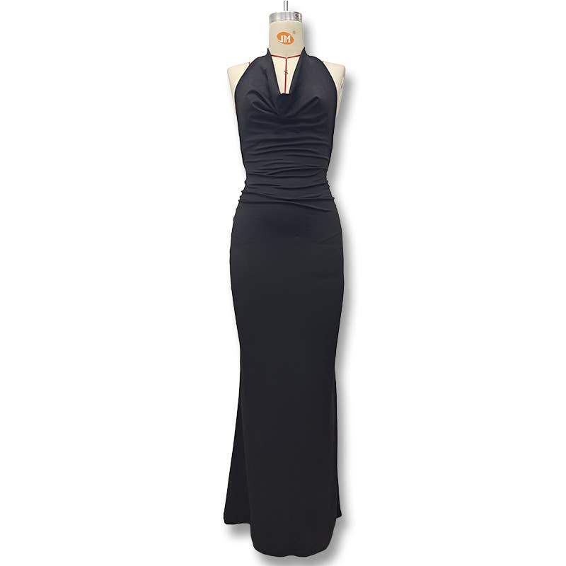 A cinched-neck backless and collared dress