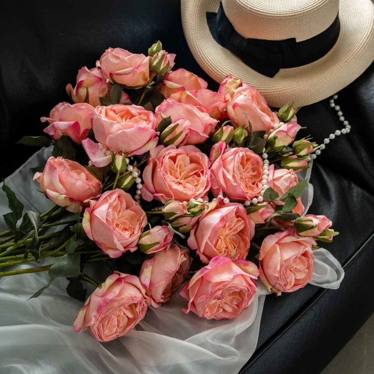 Multi-Head Burnt Edge Austin Rose Faux Bouquet