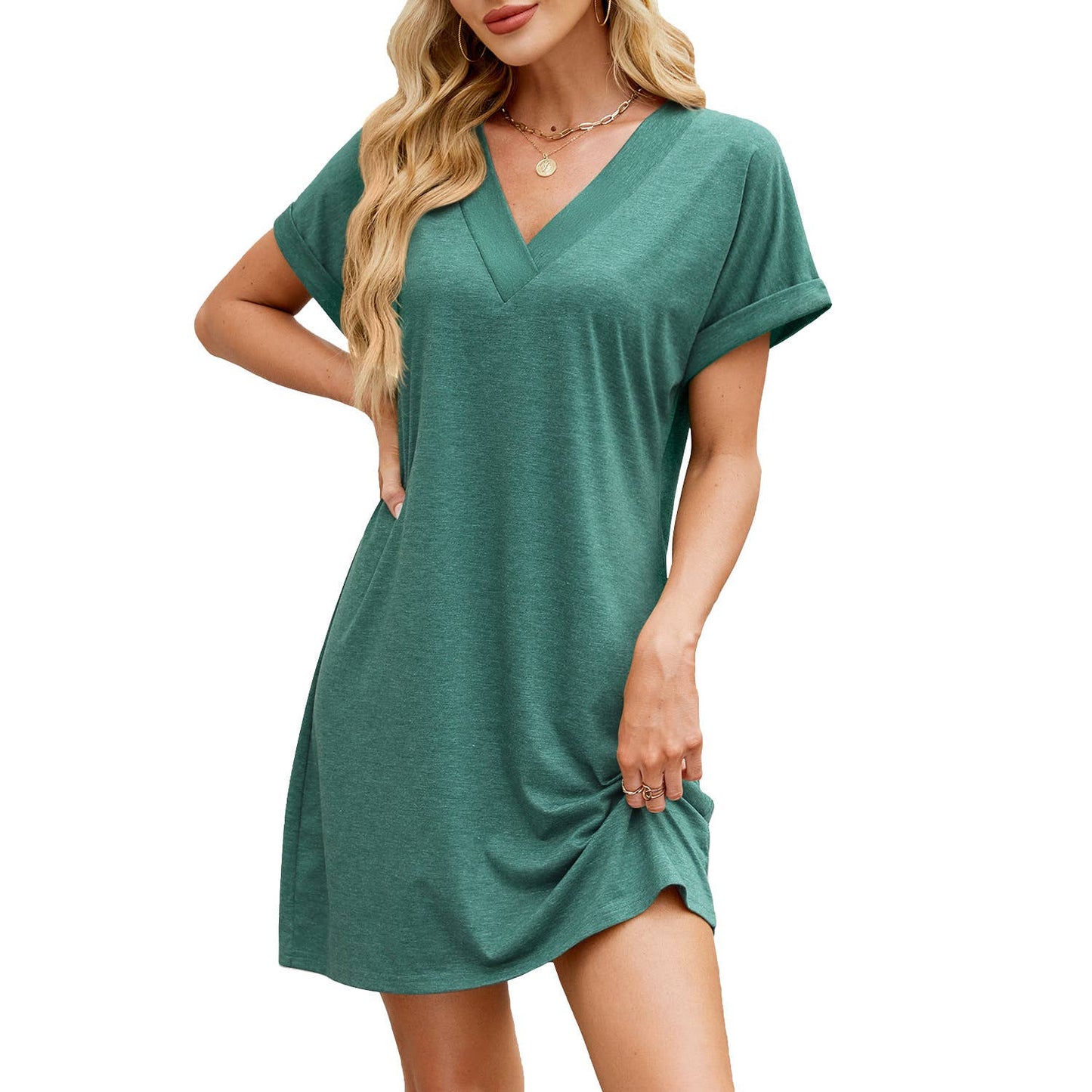 Solid color V-neck short-sleeved casual dress