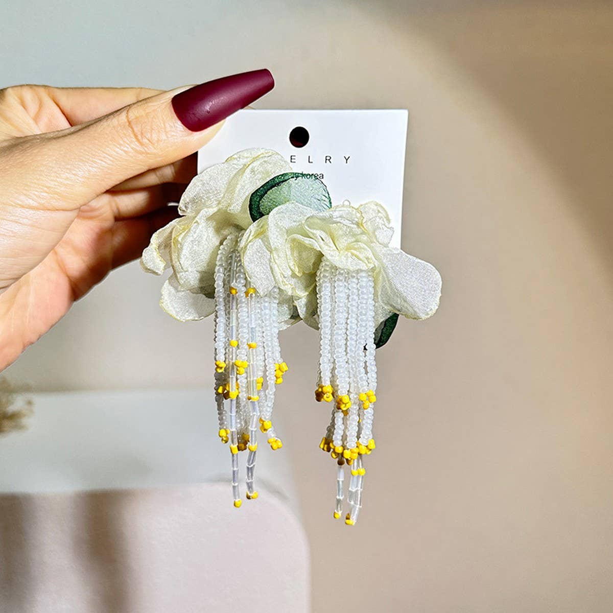 Handmade Floral Tassel Earrings Long Statement