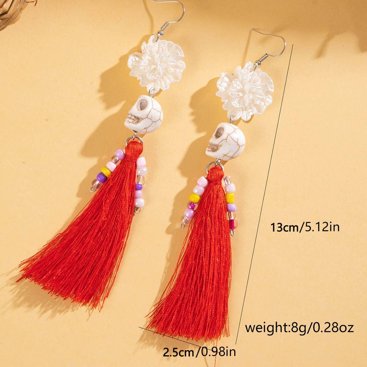 CWAJE2507_HALLOWEEN SKULL TASSEL RICE BEAD EARRINGS