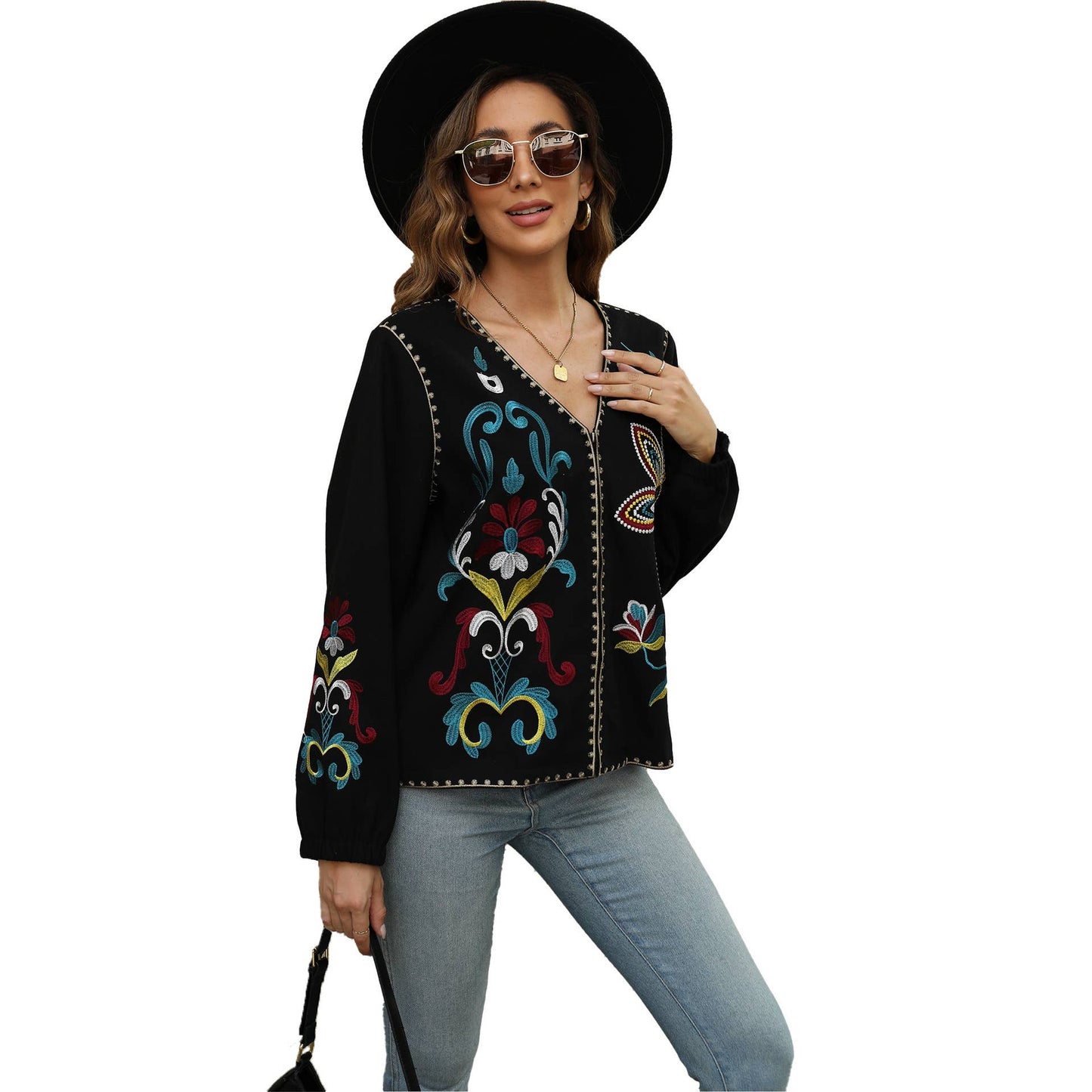 Ethnic-style embroidered V-neck zipper cardigan