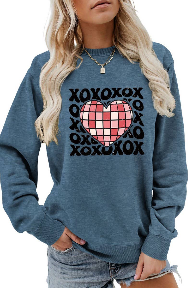 VALENTINE DAY XO PLAID HEART PRINT SWEATSHIRT_CWTSTL0981
