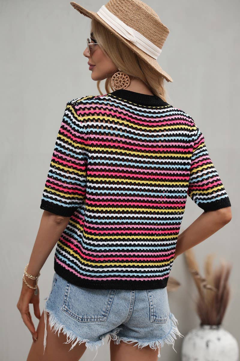 Cwtts0736_Crochet Short Sleeve Pullover Sweater